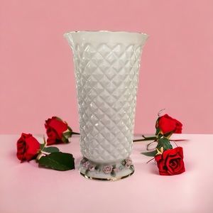 Lefton Vintage Vase White Quilted Pink Roses and Forget Me Nots